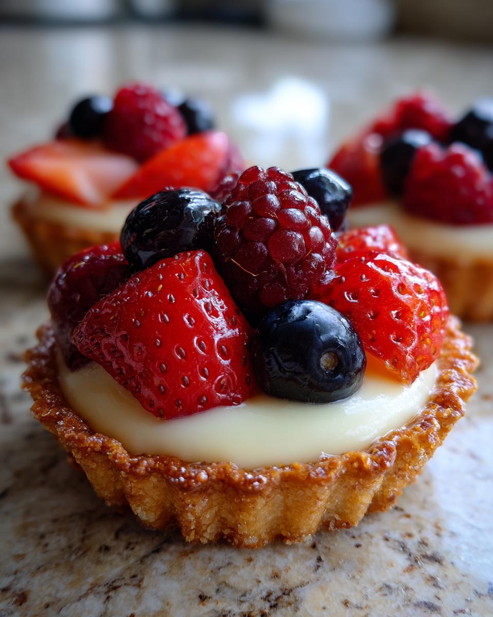 Close-up of a mini tartlet filled with cream and topped with fresh strawberries, raspberries, and blueberries, perfect for Fourth of July desserts.