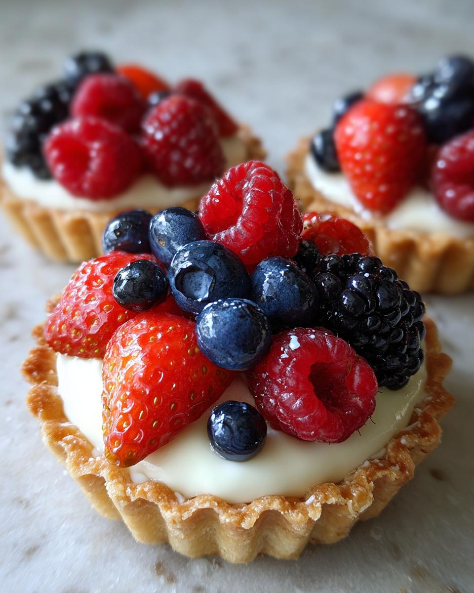 Close-up of a mini tartlet topped with cream and fresh berries, perfect for Fourth of July Desserts.