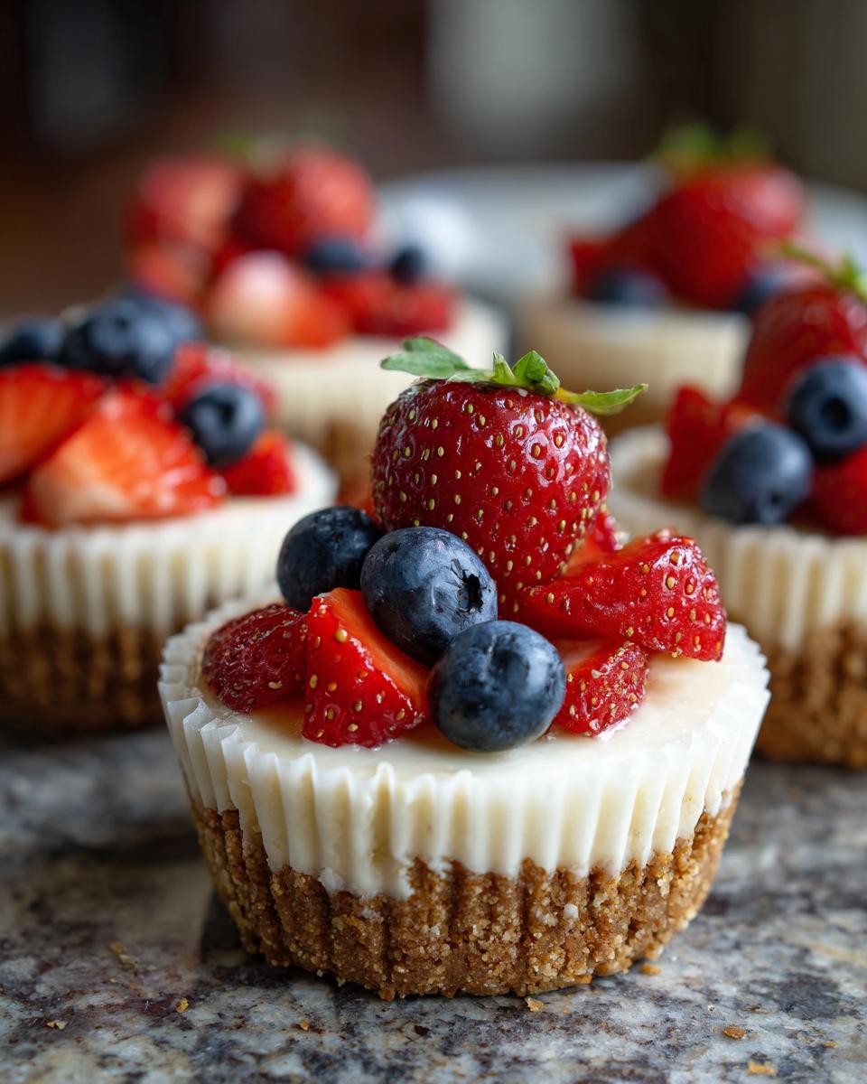 Close-up of no bake cheesecake cups topped with fresh strawberries and blueberries, perfect for Fourth of July desserts.