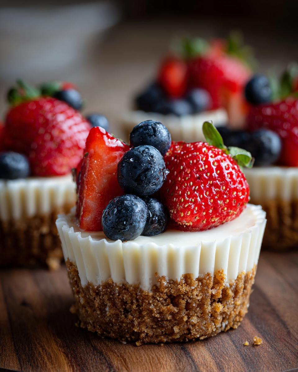 Close-up of a no-bake cheesecake cup topped with fresh strawberries and blueberries, perfect for Fourth of July desserts.