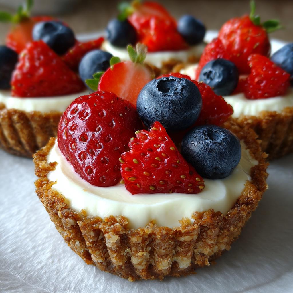 Close-up of no bake cheesecake cups topped with fresh strawberries and blueberries, perfect for Fourth of July desserts.