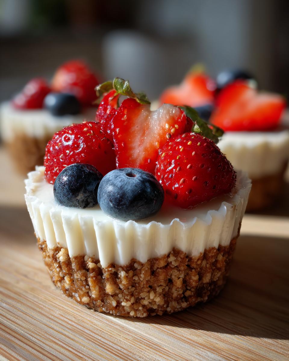 Close-up of a no-bake cheesecake cup topped with fresh strawberries and blueberries, perfect for Fourth of July desserts.