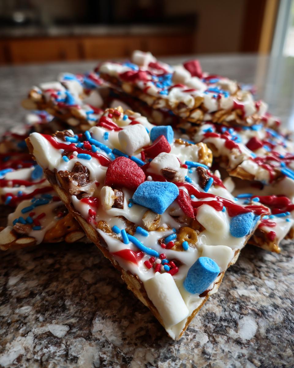 Close-up of a slice of Fourth of July Desserts Patriotic Snack Mix Bark, topped with white chocolate, red and blue sprinkles, and marshmallows.