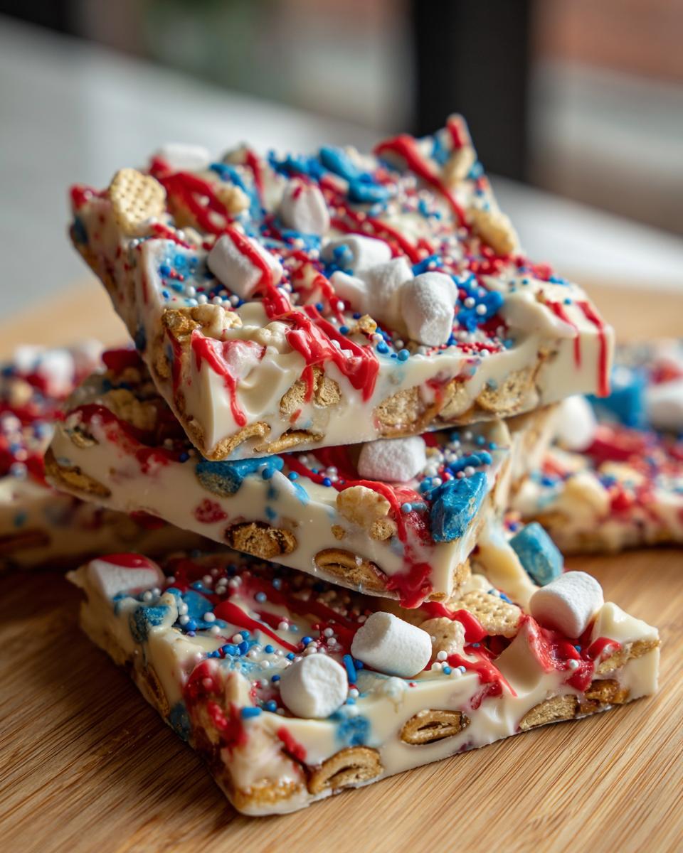 A stack of festive Fourth of July Desserts: Patriotic Snack Mix Bark with red and blue drizzles and sprinkles.