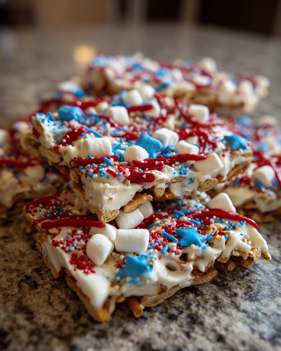 Close-up of Fourth of July Desserts: Patriotic Snack Mix Bark with red, white, and blue sprinkles and marshmallows.