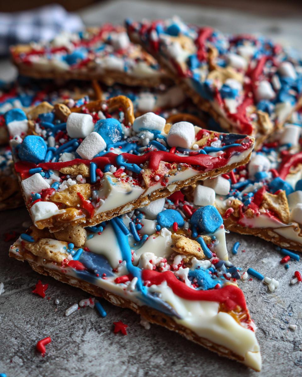 Close-up of triangular pieces of Fourth of July Desserts: Patriotic Snack Mix Bark, topped with red, white, and blue sprinkles, marshmallows, and pretzels.