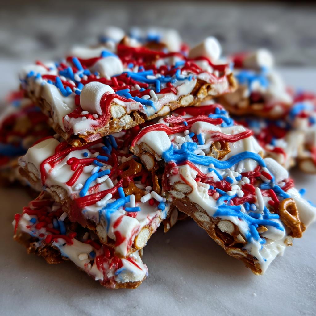 Close-up of Fourth of July Desserts: Patriotic Snack Mix Bark with red, white, and blue sprinkles and marshmallows.