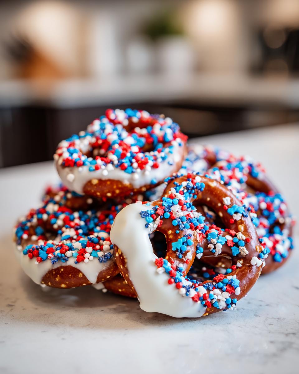 A pile of festive Fourth of July desserts: pretzels dipped in white chocolate and covered in red, white, and blue sprinkles.