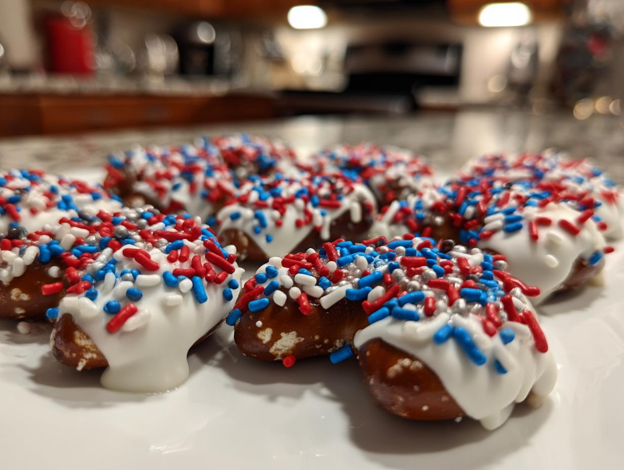 Close-up of festive Fourth of July desserts featuring chocolate-dipped pretzels with red, white, and blue sprinkles.