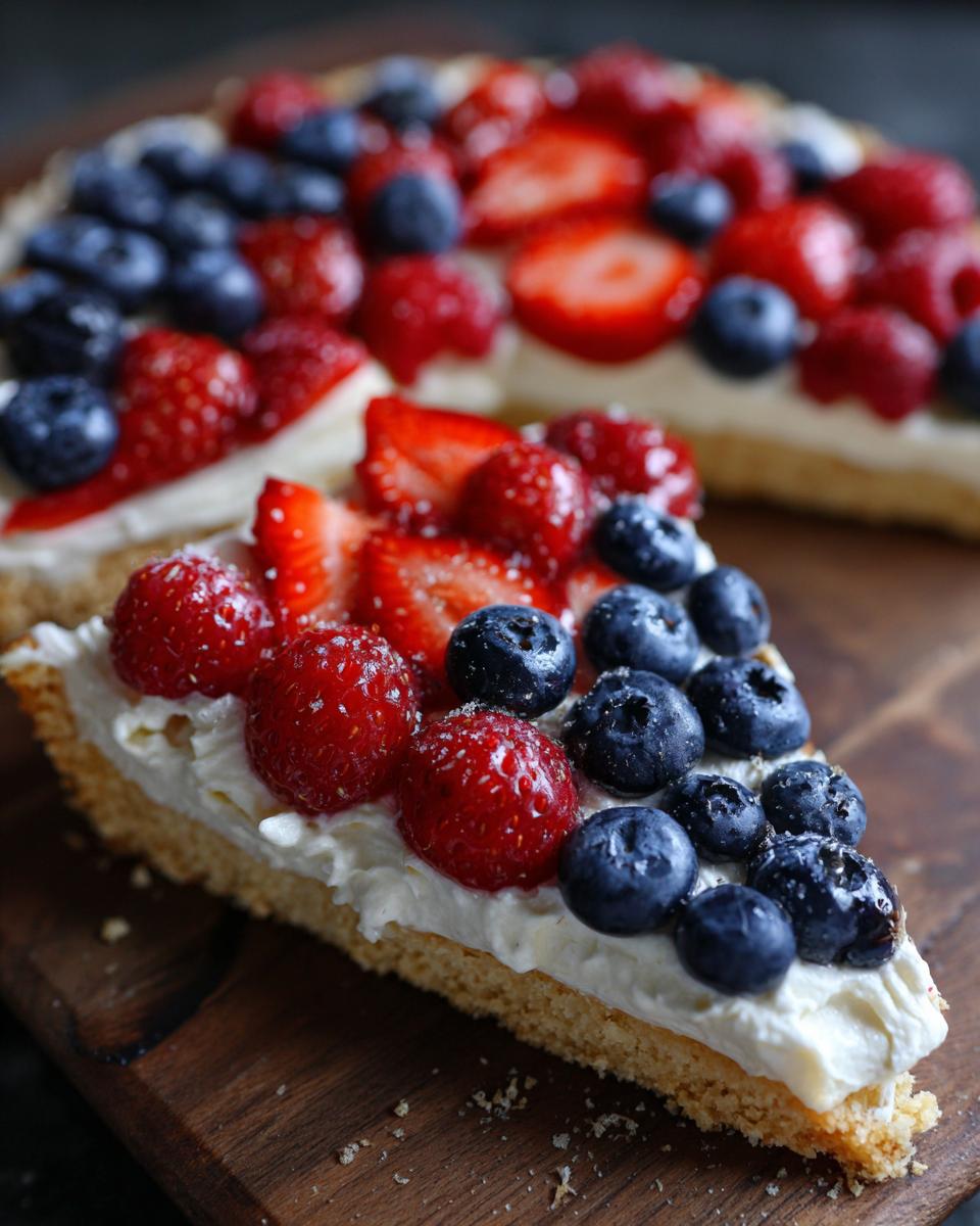 A slice of Fourth of July Flag Fruit Pizza on a cookie crust, topped with cream cheese frosting and fresh berries.