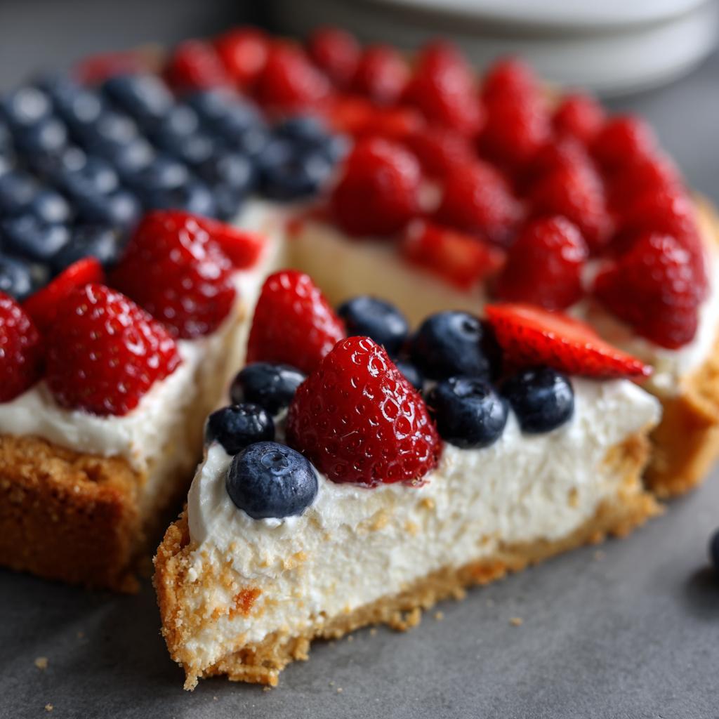 A slice of Fourth of July Flag Fruit Pizza on a cookie crust, topped with cream cheese frosting, strawberries, and blueberries.