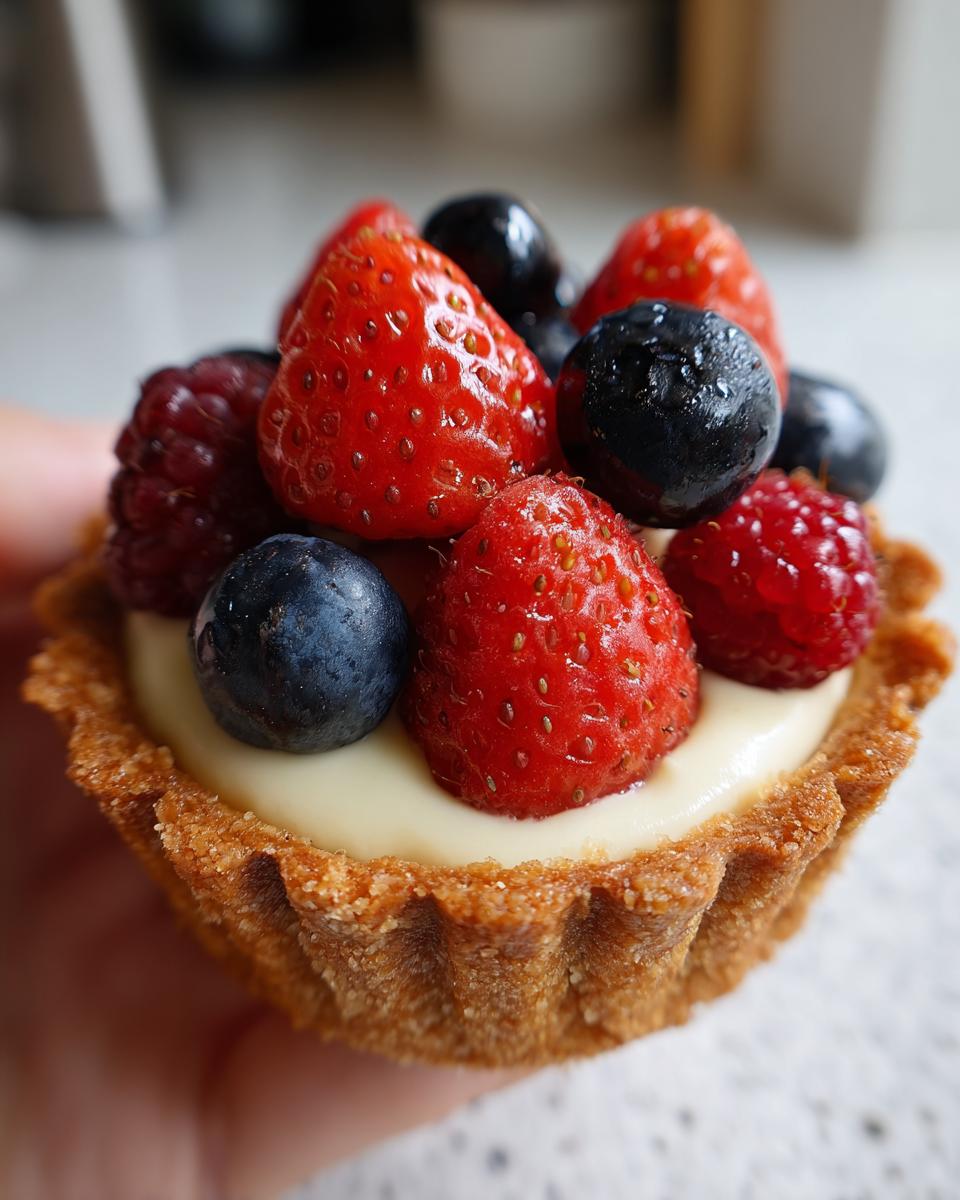 A close-up of a mini tartlet filled with cream and topped with fresh strawberries, blueberries, and raspberries, perfect for Fourth of July Desserts.