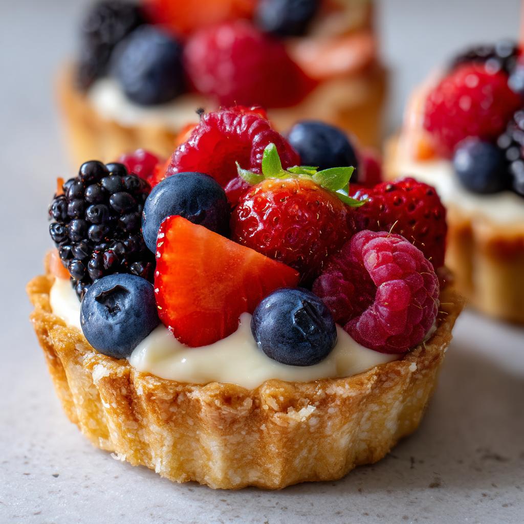 Close-up of a Fourth of July dessert mini tartlet filled with cream and topped with fresh berries like strawberries, blueberries, raspberries, and blackberries.