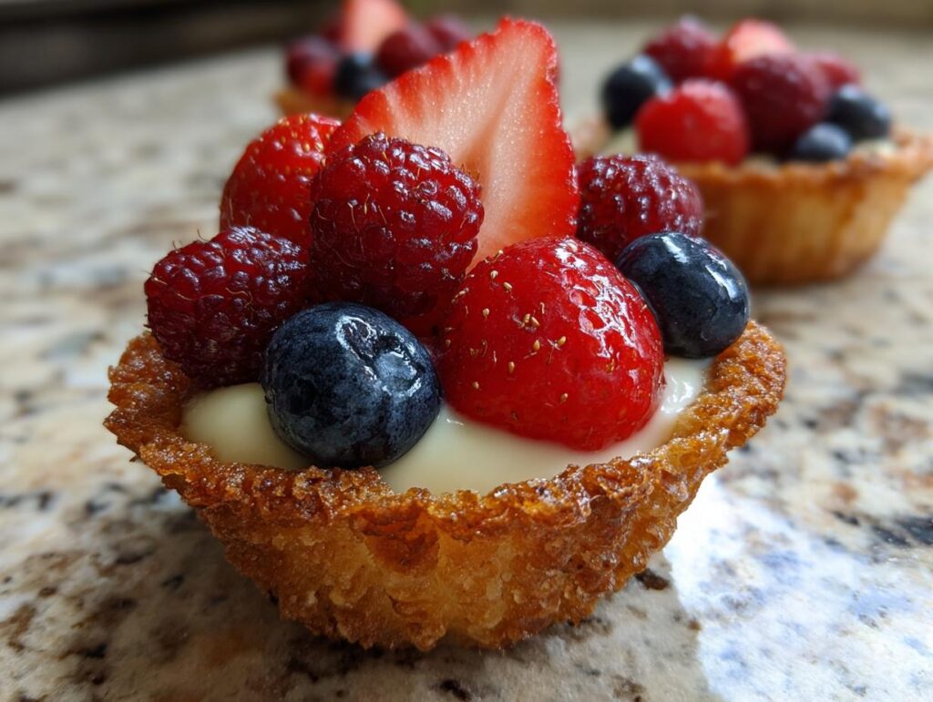 Close-up of a Fourth of July dessert: mini tartlet filled with cream and topped with fresh strawberries, raspberries, and blueberries.