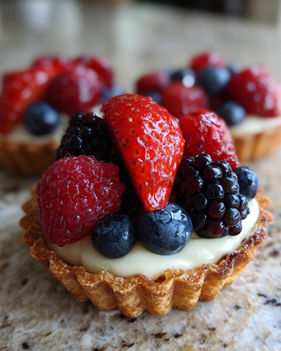 Close-up of a mini tartlet filled with cream and topped with fresh strawberries, blueberries, raspberries, and blackberries for Fourth of July desserts.