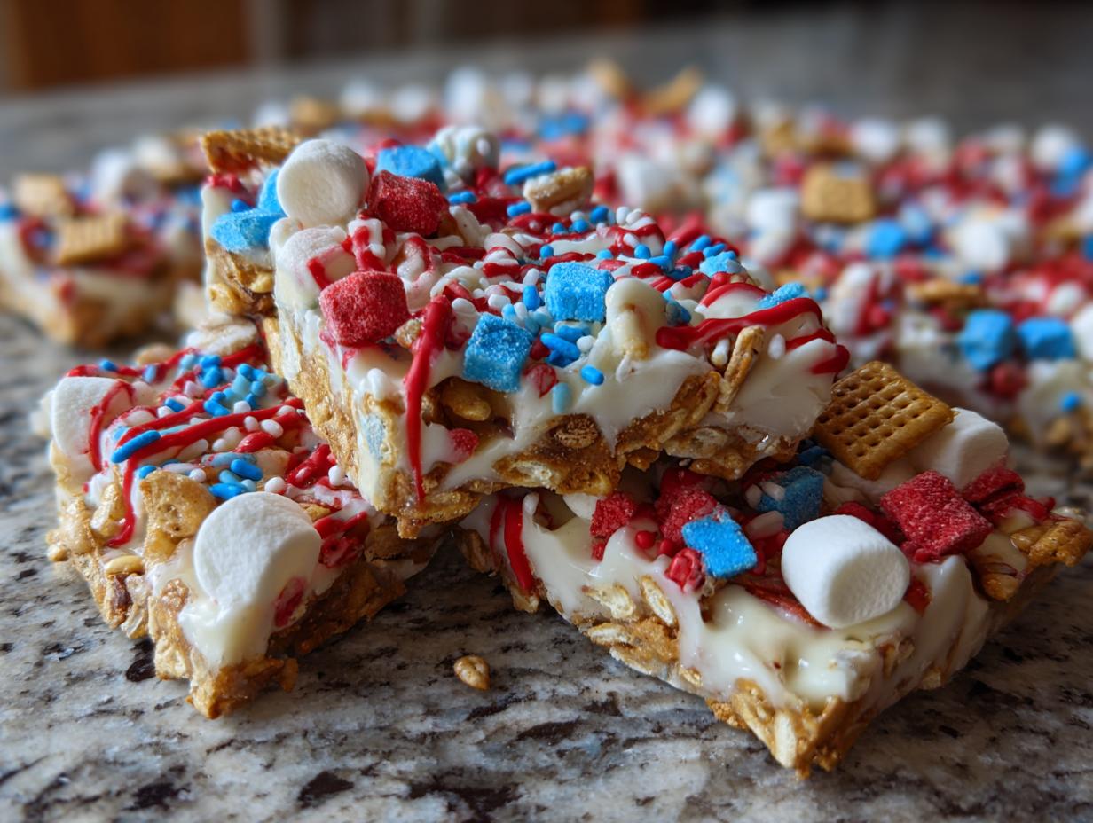 Close-up of Fourth of July dessert bark with red, white, and blue sprinkles, marshmallows, and cereal pieces.