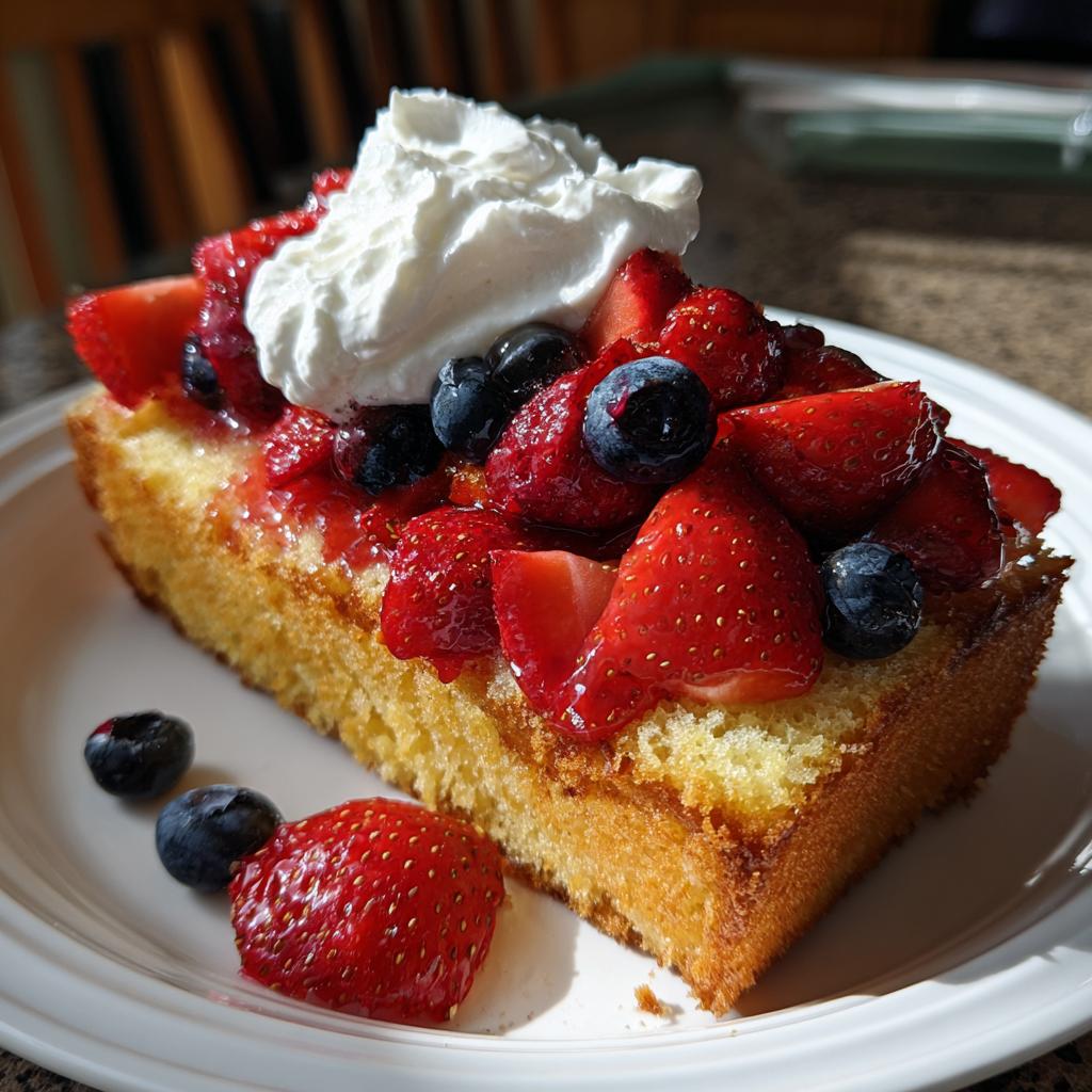 A slice of pound cake topped with fresh strawberries, blueberries, and whipped cream, perfect for Fourth of July desserts.