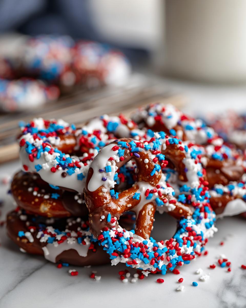 Close-up of festive Fourth of July pretzel treats dipped in chocolate and white chocolate with red, white, and blue sprinkles.