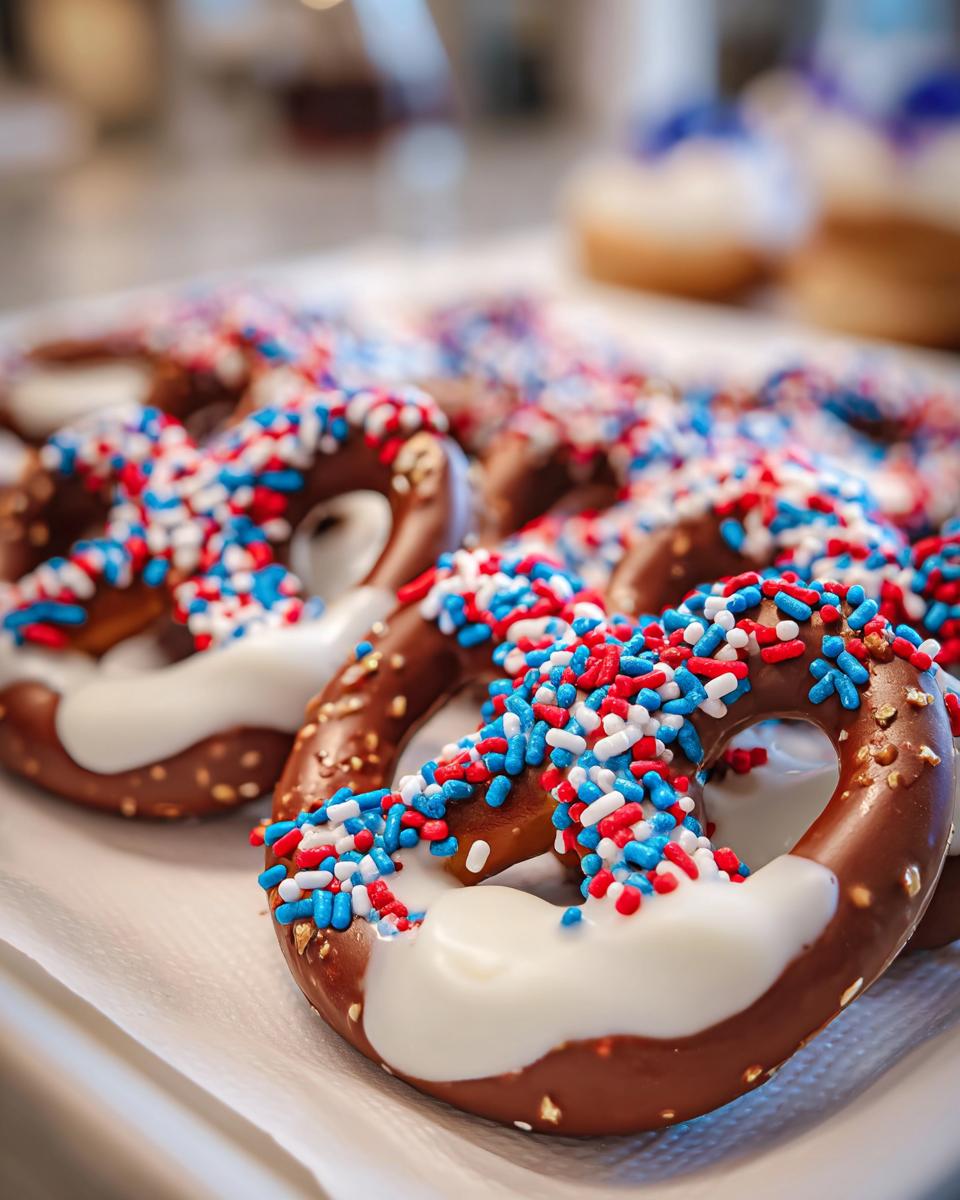 Close-up of chocolate-covered pretzels decorated with red, white, and blue sprinkles for Fourth of July desserts.