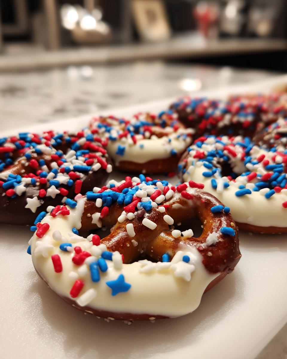 Close-up of festive pretzel treats dipped in white and dark chocolate, adorned with red, white, and blue sprinkles for Fourth of July desserts.