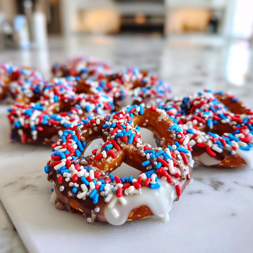 Close-up of chocolate-dipped pretzels with red, white, and blue sprinkles, perfect for Fourth of July desserts.