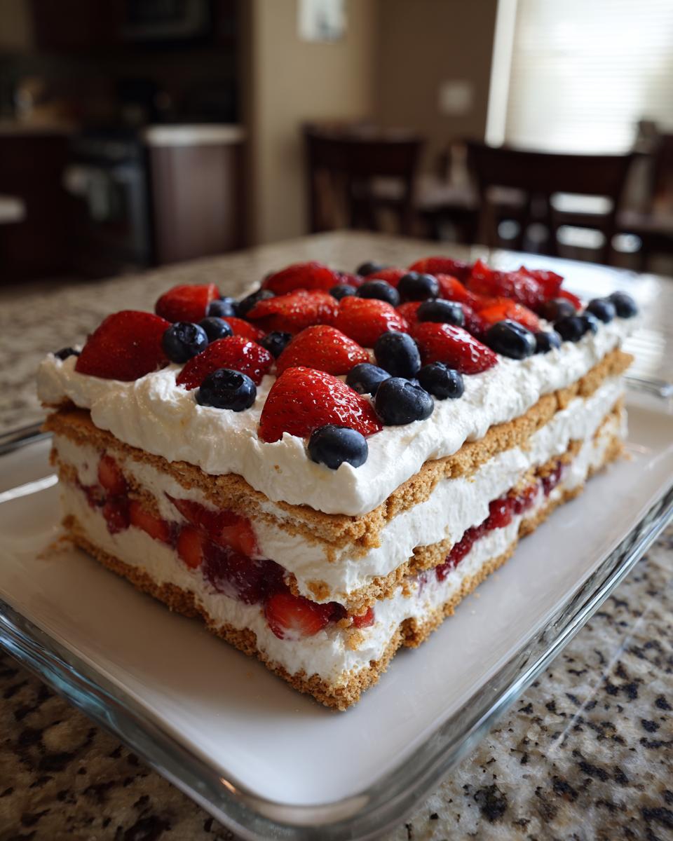 A festive Red White Blue Icebox Cake layered with whipped cream, strawberries, and blueberries, perfect for Fourth of July Desserts.