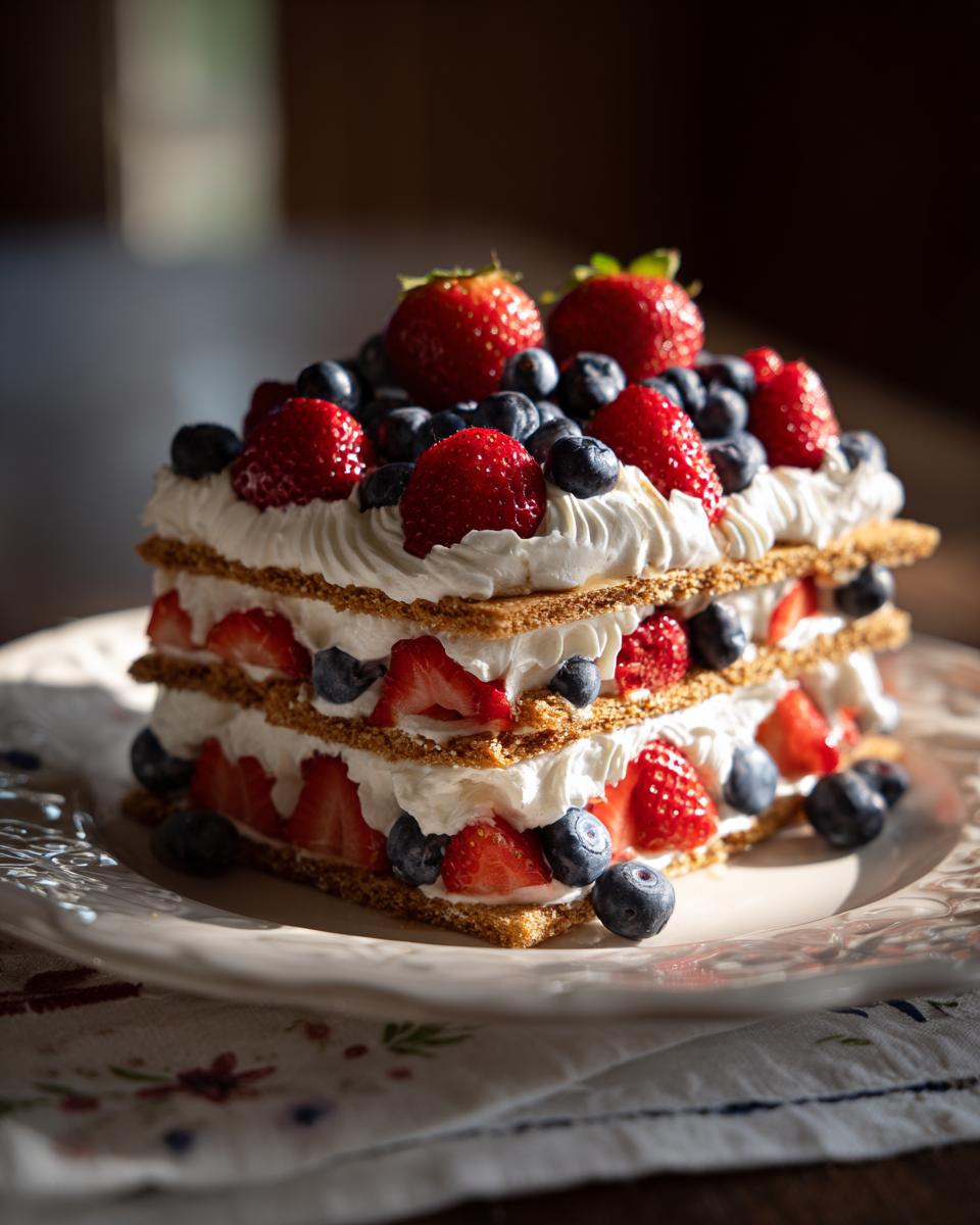 A beautiful red, white, and blue icebox cake layered with graham crackers, whipped cream, strawberries, and blueberries.