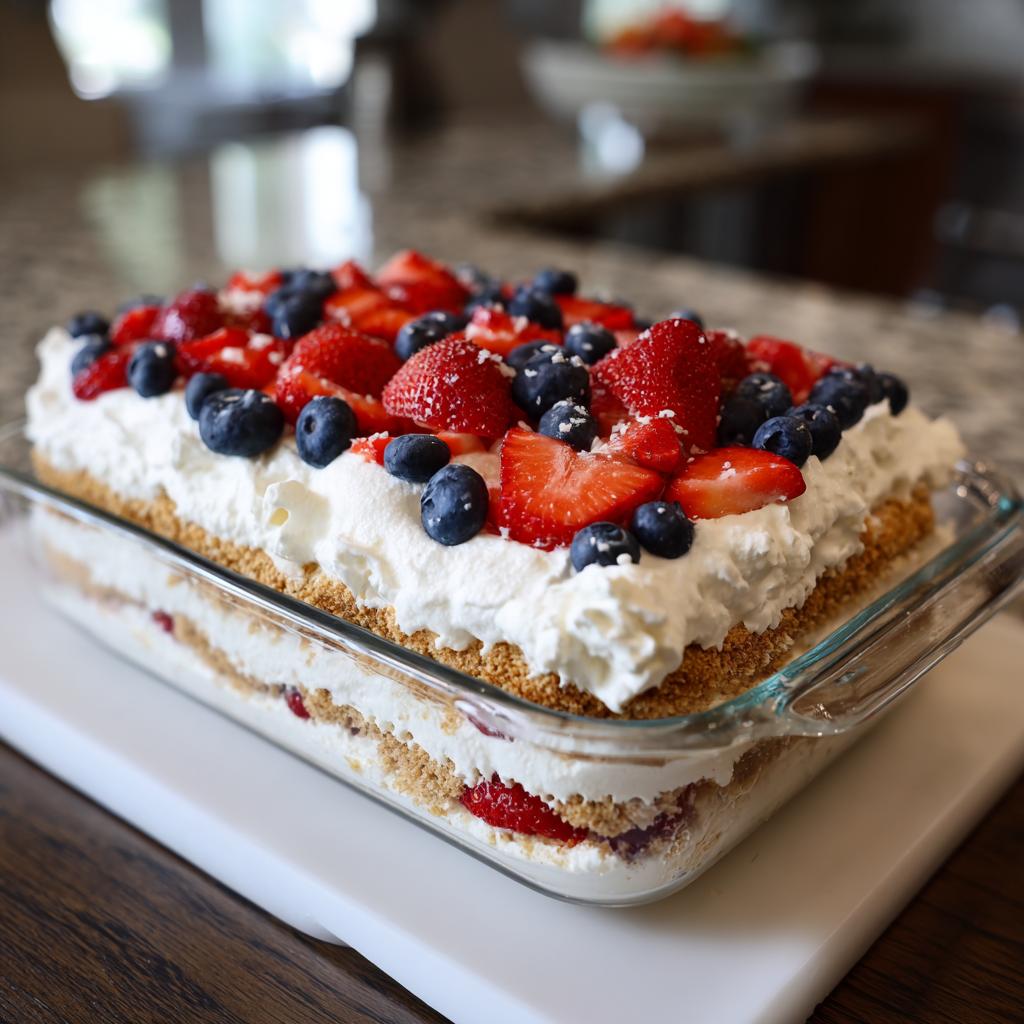 A festive Red White Blue Icebox Cake topped with whipped cream, strawberries, and blueberries, perfect for Fourth of July Desserts.