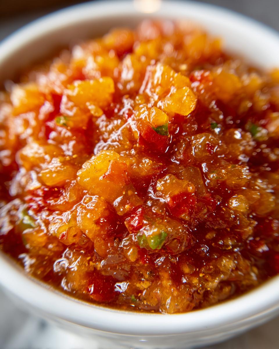 Close-up of a bowl of fresh peach salsa, showing diced peaches, red chili, and green herbs.