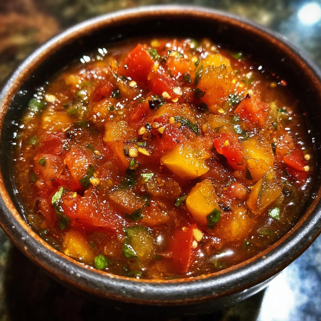 Close-up of a bowl of fresh peach salsa, featuring diced peaches, tomatoes, and herbs.