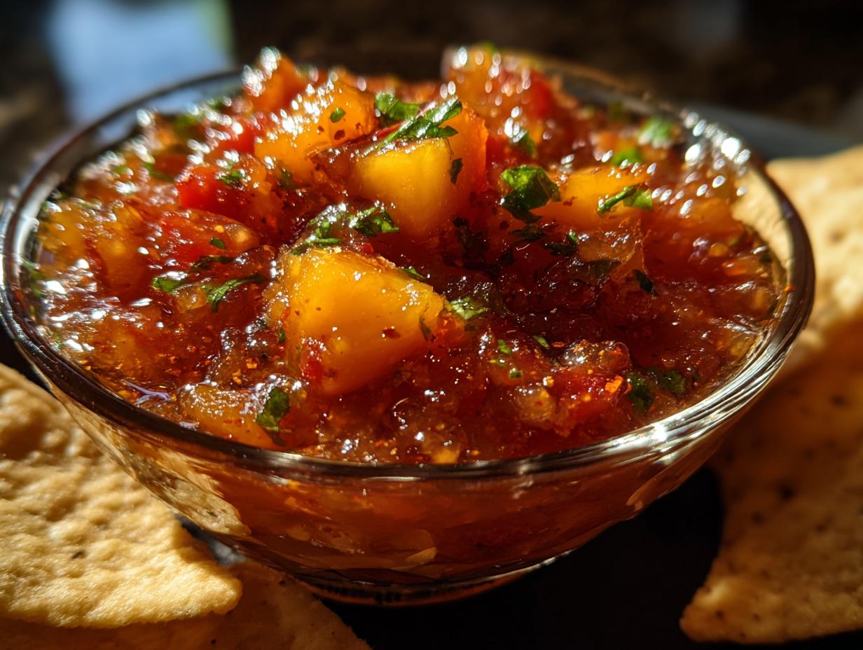 Close-up of a glass bowl filled with fresh peach salsa, garnished with cilantro, next to cinnamon chips.