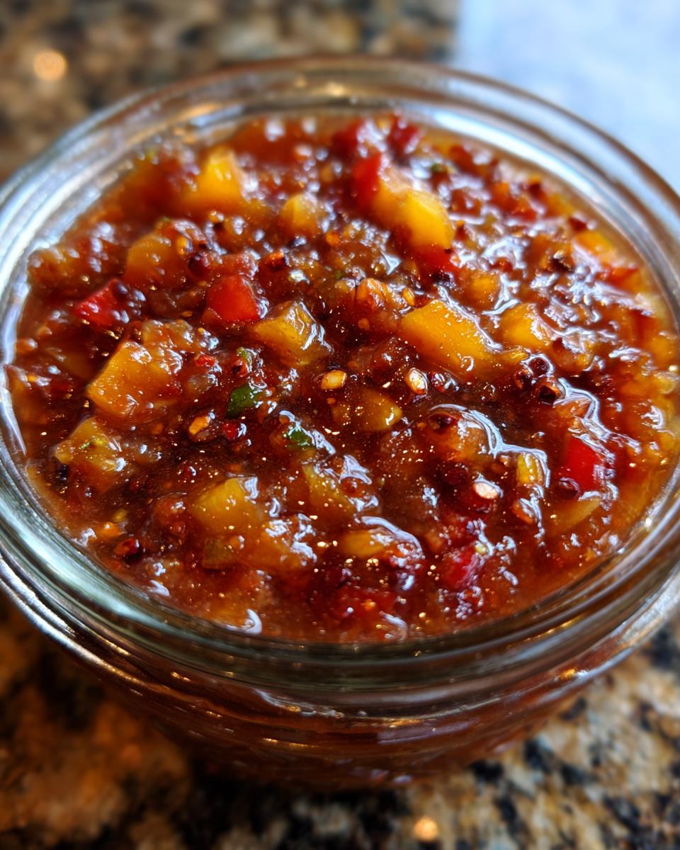 Close-up of a jar filled with fresh peach salsa, featuring diced peaches, red peppers, and spices.