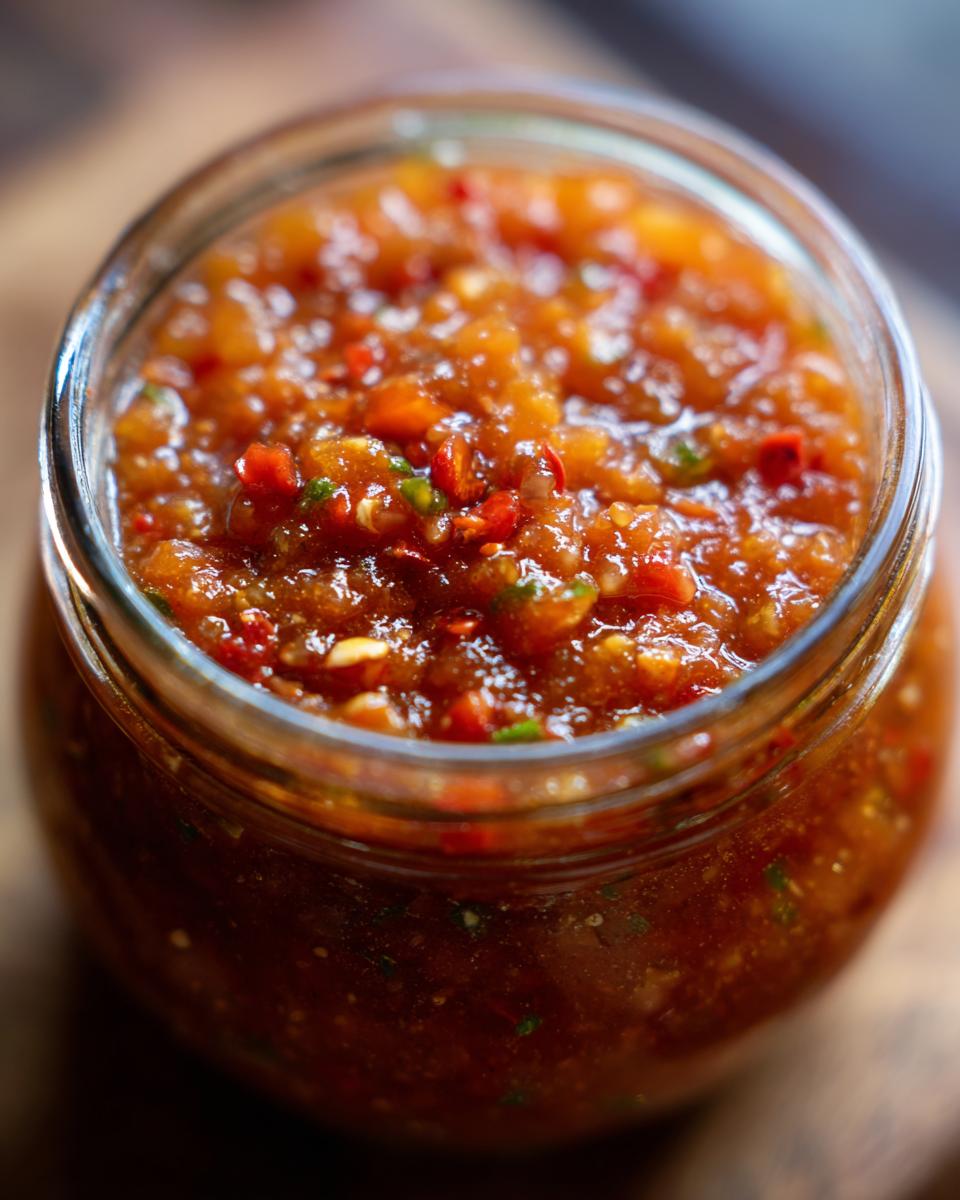 Close-up of fresh peach salsa with visible pieces of chili and herbs in a glass jar.