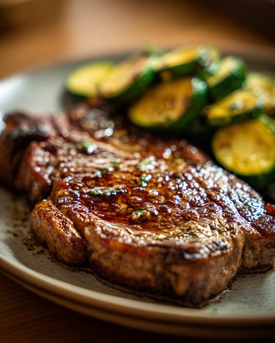 Close-up of a juicy garlic butter steak served with pan-fried zucchini slices.
