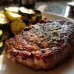 Close-up of a juicy garlic butter steak served with sautéed zucchini slices, a perfect Effortless Garlic Butter Steak & Zucchini Delight.