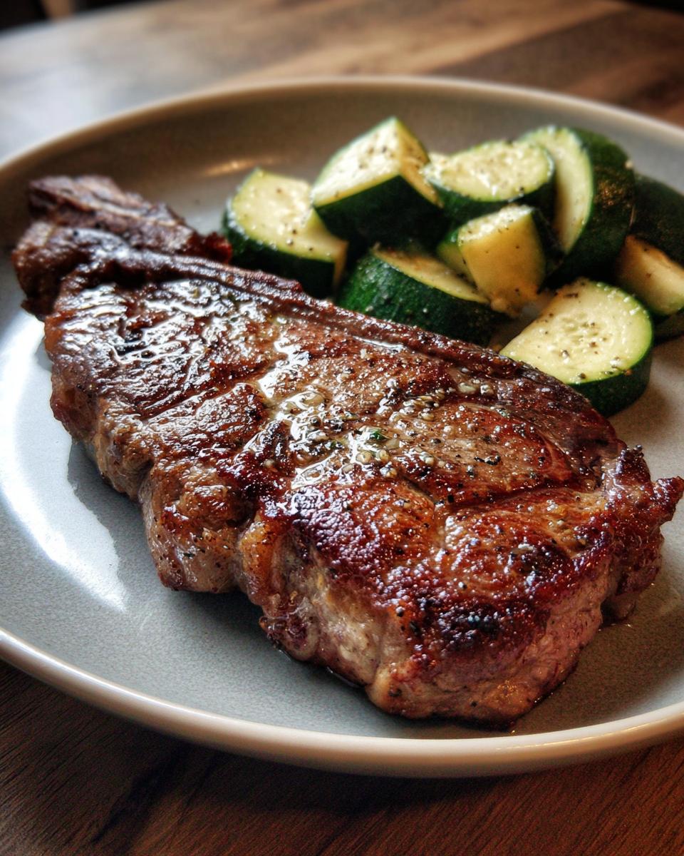 A perfectly cooked garlic butter steak served with sliced zucchini, a delicious and effortless meal.