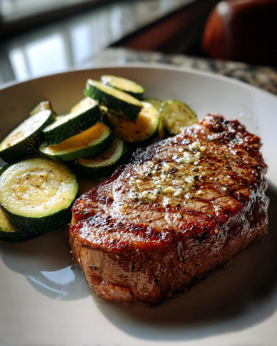 A juicy garlic butter steak served with sliced zucchini, a perfect combination for an effortless meal.