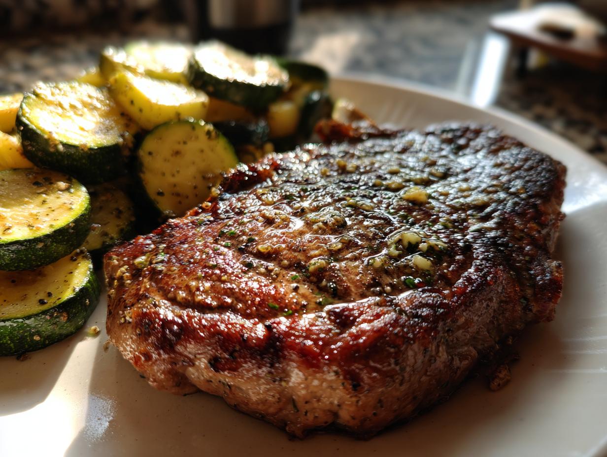 Close-up of a juicy garlic butter steak served with sautéed zucchini slices, a perfect Effortless Garlic Butter Steak & Zucchini Delight.