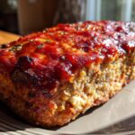 A close-up of a moist Garlic Parmesan Chicken Meatloaf topped with a glossy tomato glaze and herbs.
