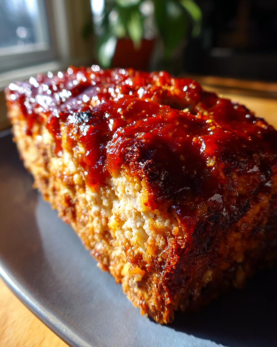 A slice of Garlic Parmesan Chicken Meatloaf topped with a shiny red glaze, served on a dark plate.