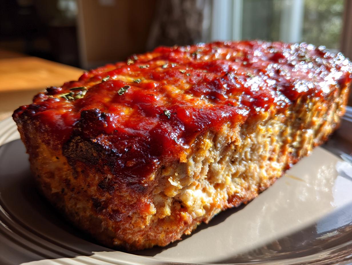 A close-up of a moist Garlic Parmesan Chicken Meatloaf topped with a glossy tomato glaze and herbs.