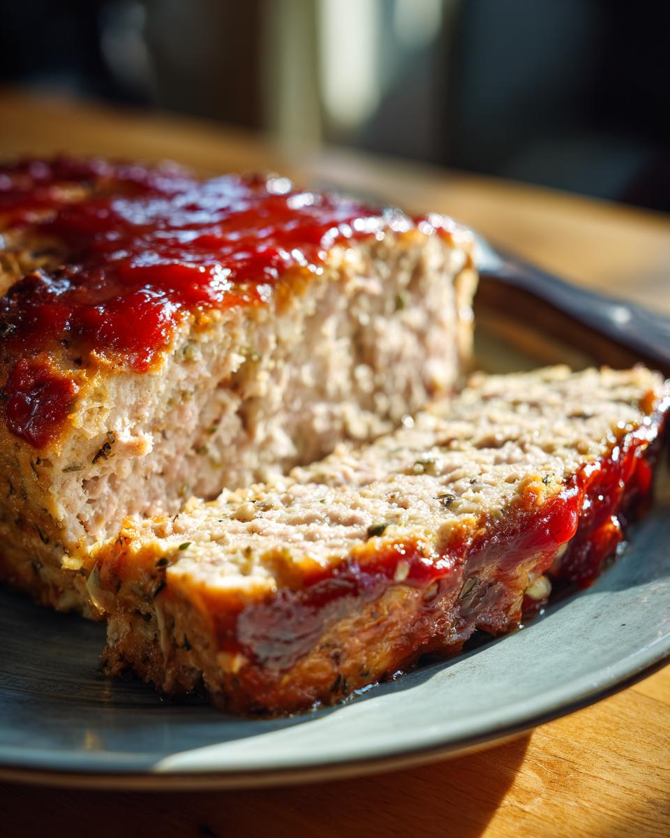 A close-up of a slice of Garlic Parmesan Chicken Meatloaf, topped with a glistening glaze.