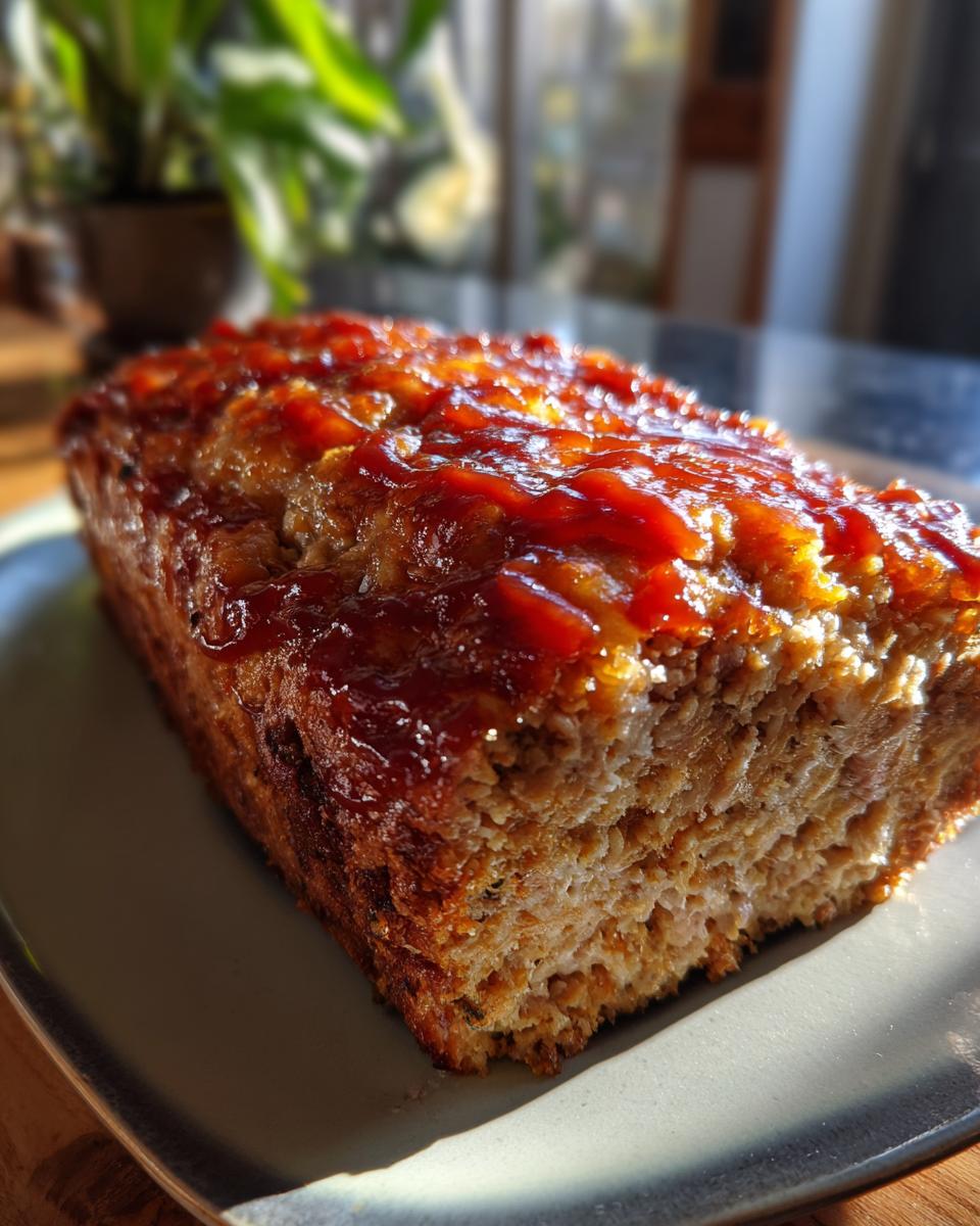 A close-up of a slice of Garlic Parmesan Chicken Meatloaf topped with a shiny glaze.