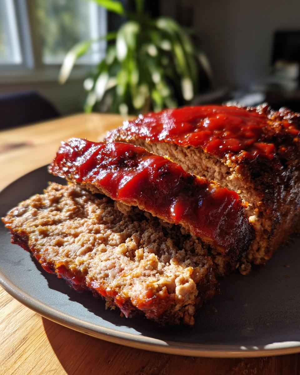 A close-up of a sliced Garlic Parmesan Chicken Meatloaf topped with a glossy red glaze.