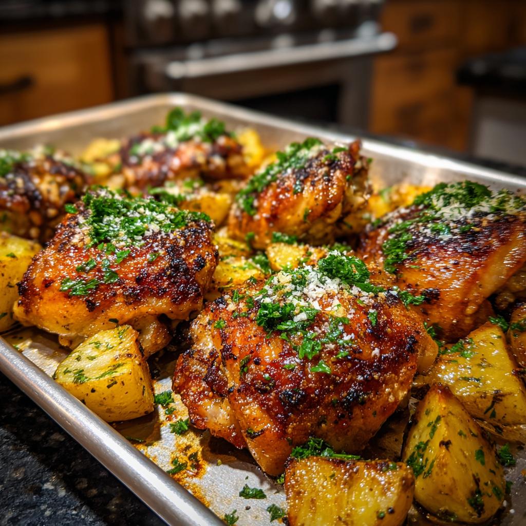 Golden brown Garlic Parmesan Chicken Thighs and Potatoes roasted on a baking sheet, sprinkled with fresh parsley.