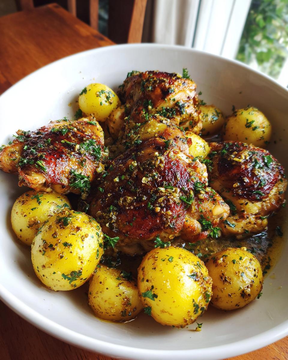 A white bowl filled with golden-brown Garlic Parmesan Chicken Thighs and Potatoes, garnished with parsley.