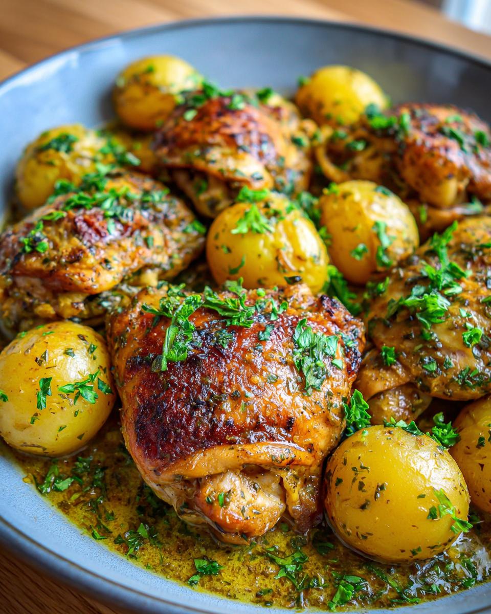 A close-up of golden-brown Garlic Parmesan Chicken Thighs and Potatoes, generously garnished with fresh parsley.