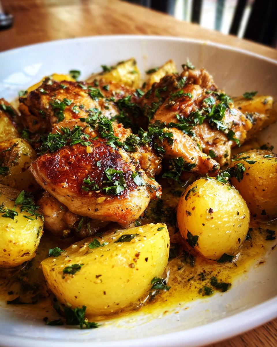 A close-up of tender Garlic Parmesan Chicken Thighs and Potatoes, glistening with sauce and sprinkled with parsley.