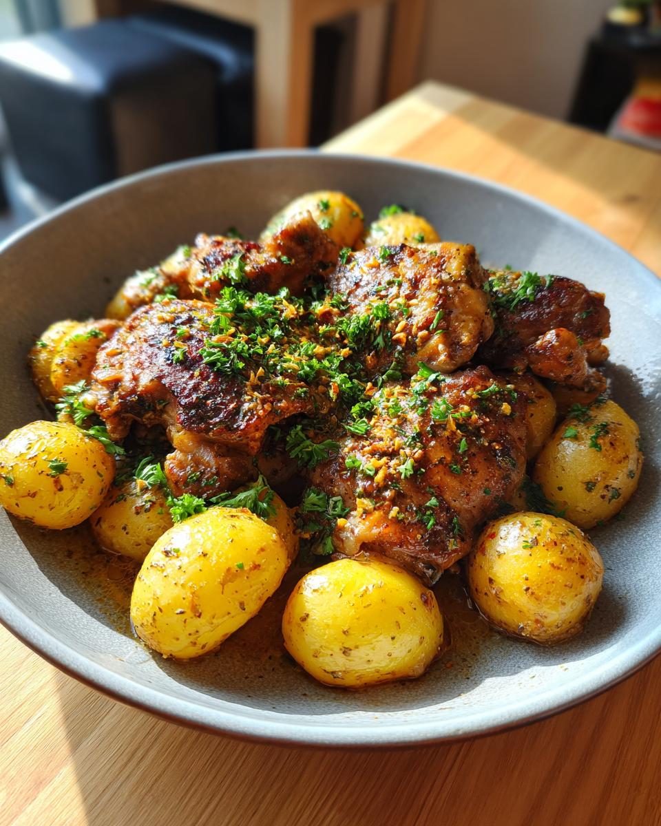 A close-up of a bowl filled with Garlic Parmesan Chicken Thighs and Potatoes, garnished with fresh parsley.