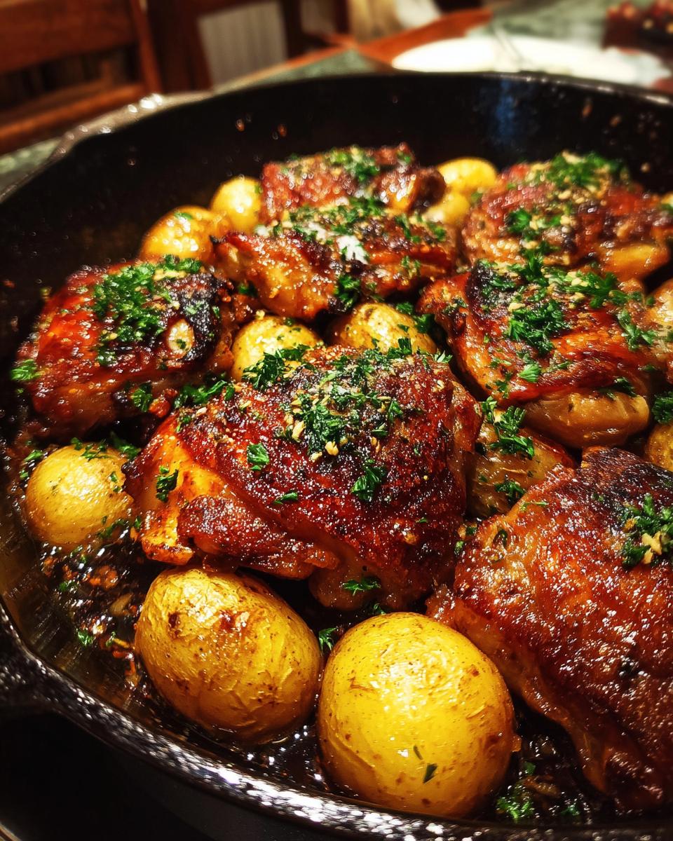 Close-up of golden-brown Garlic Parmesan Chicken Thighs and roasted potatoes in a pan, sprinkled with fresh parsley.
